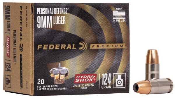 FEDERAL AMMO Hydra-Shok Personal Defense 9mm 124gr Jacketed Hollow Point Ammunition | 20 Rounds