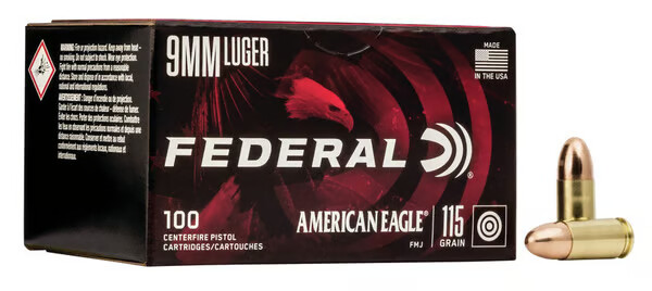 FEDERAL AMMO AMerican Eagle 9mm 115gr Full Metal Jacket Ammunition | 100 Rounds