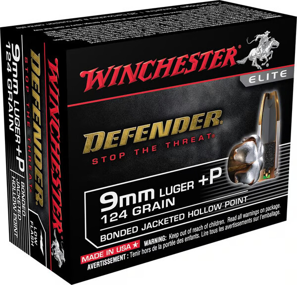 WINCHESTER Defender 9mm +P 124gr Bonded Jacketed Hollow Point Ammunition | 20 Rounds
