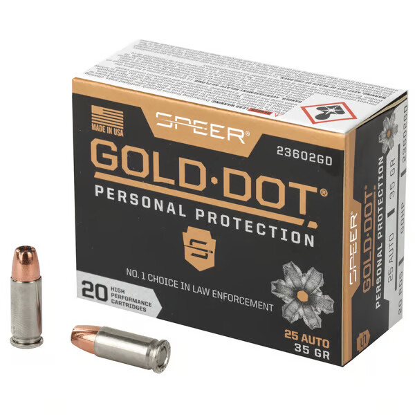 SPEER AMMO Gold Dot 25 ACP 35gr Hollow Point Ammunition | 20 Rounds